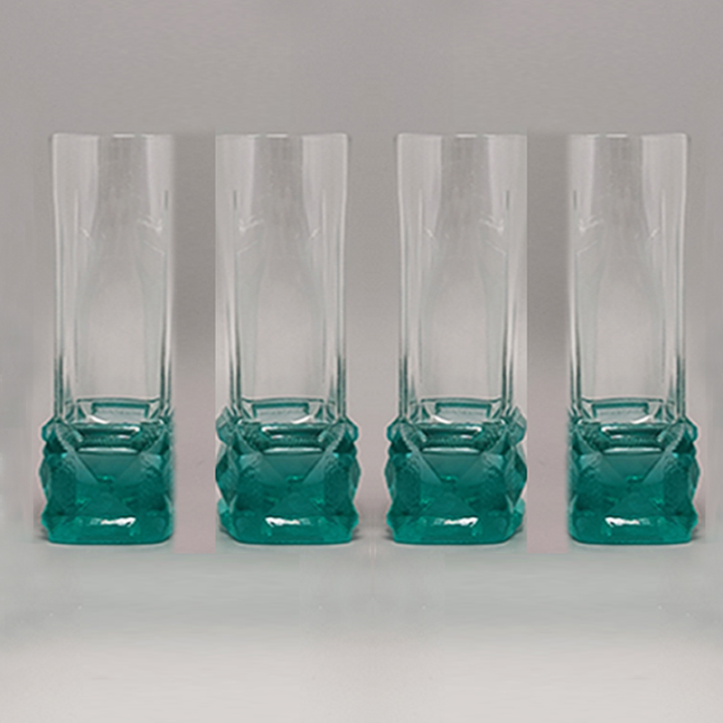 1970s Green Ice Bucket with 4 Glasses In Crystal by Lacs. Made in Italy