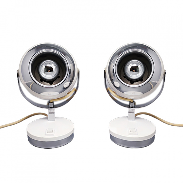 1970s Pair of White Eyeball Table Lamps by Veneta Lumi. Made in Italy
