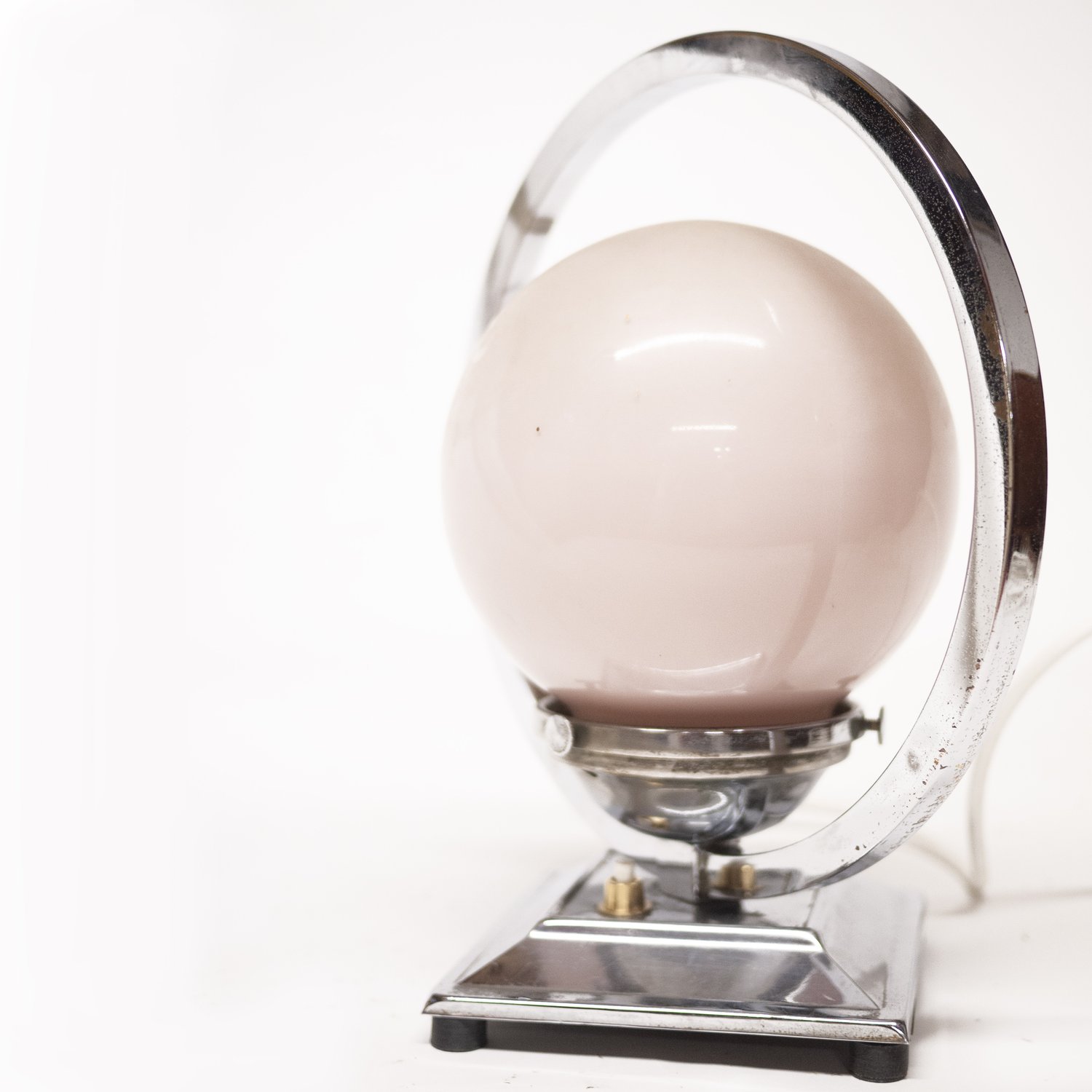 Art Deco Chrome & Globular Milk Glass Table Lamp, 1920s
