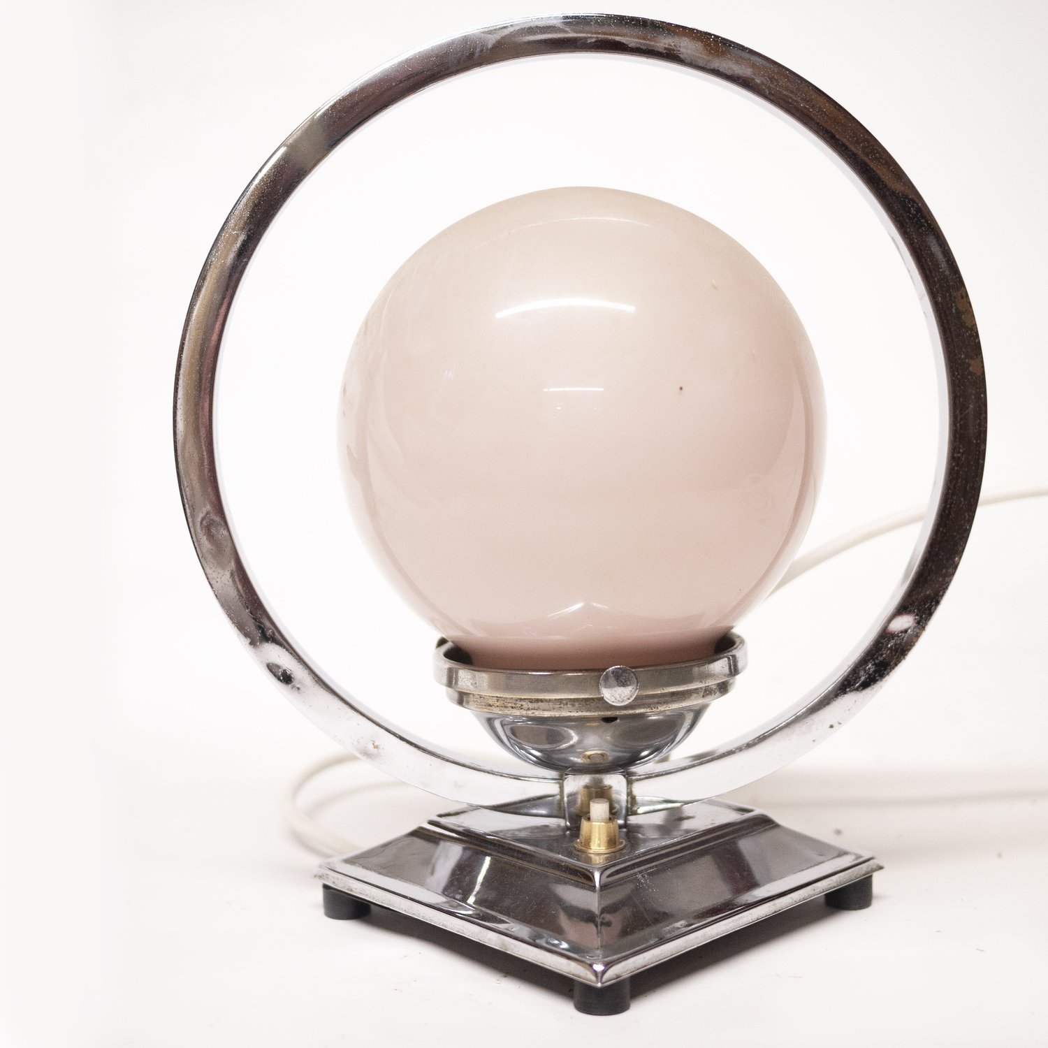 Art Deco Chrome & Globular Milk Glass Table Lamp, 1920s