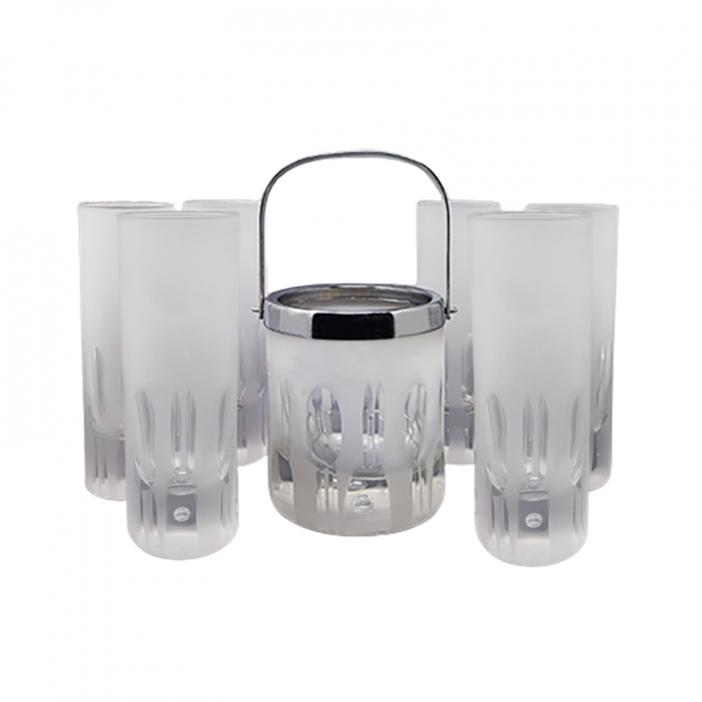 1960 Ice Bucket with 6 Glasses in Hand Cut Lead Crystal by Kristal. Made in Italy