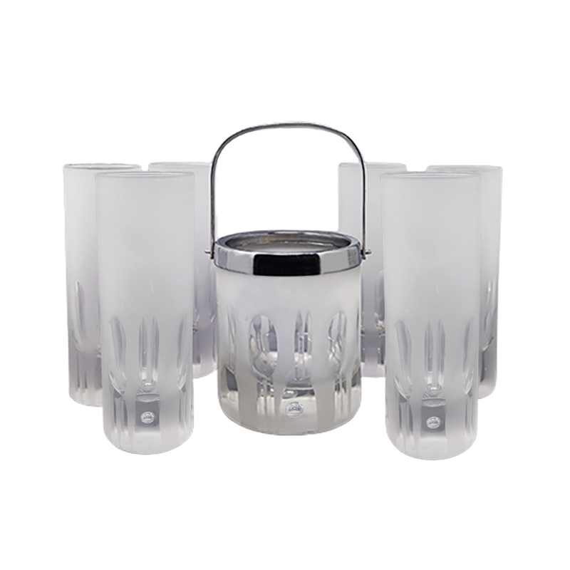 1960 Ice Bucket with 6 Glasses in Hand Cut Lead Crystal by Kristal. Made in Italy