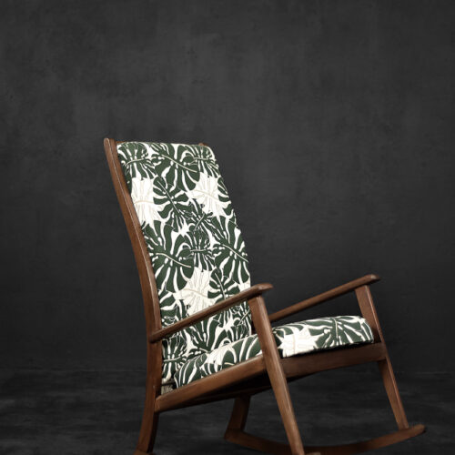 Vintage Mid-Century Danish Modern Rocking Chair in Wood and Monstera Leaf Pattern Fabric, 1960s