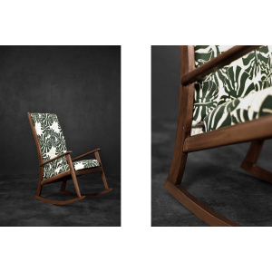 Vintage Mid-Century Danish Modern Rocking Chair in Wood and Monstera Leaf Pattern Fabric, 1960s