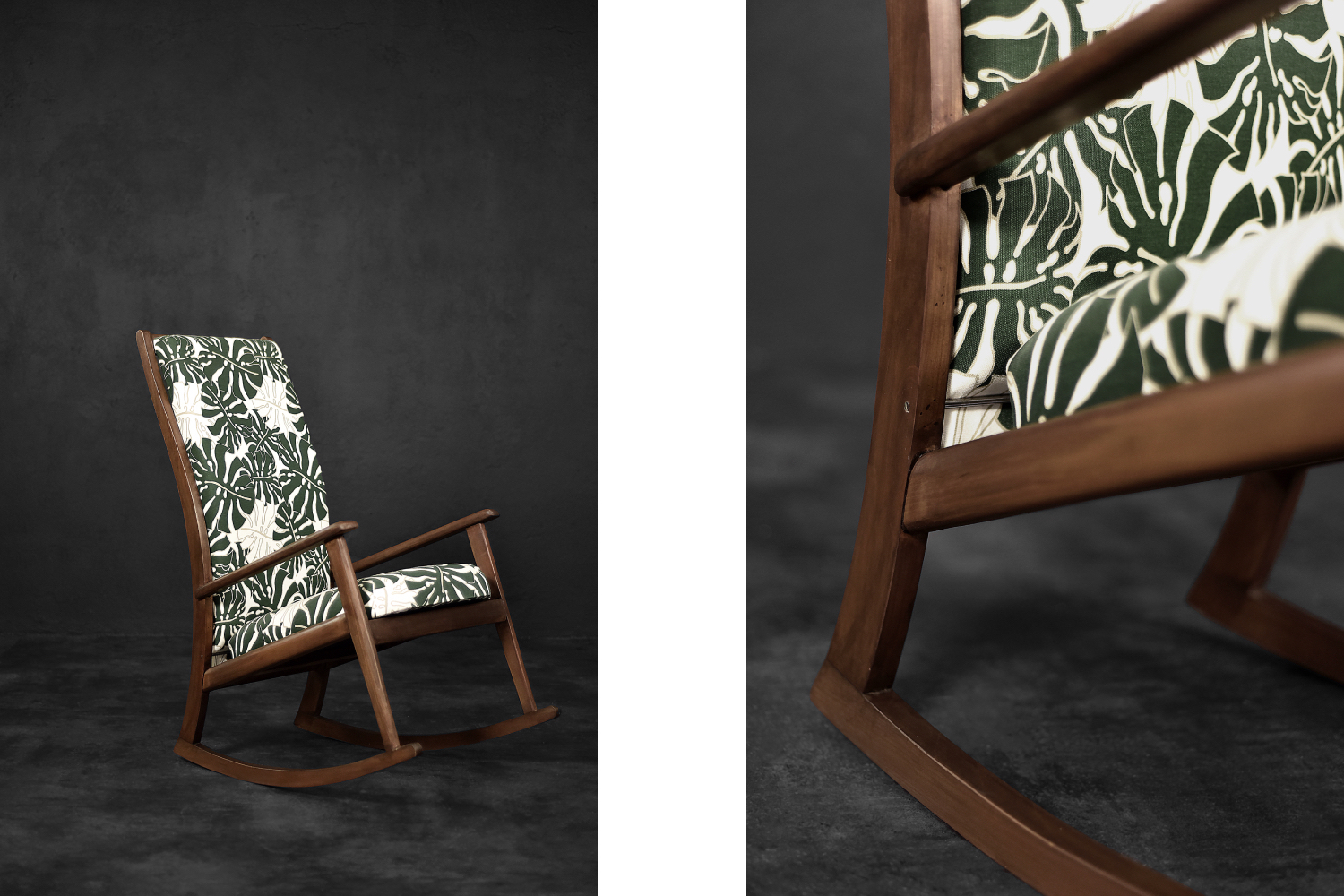 Vintage Mid-Century Danish Modern Rocking Chair in Wood and Monstera Leaf Pattern Fabric, 1960s