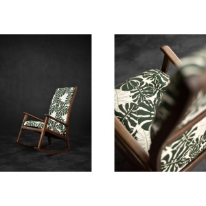 Vintage Mid-Century Danish Modern Rocking Chair in Wood and Monstera Leaf Pattern Fabric, 1960s