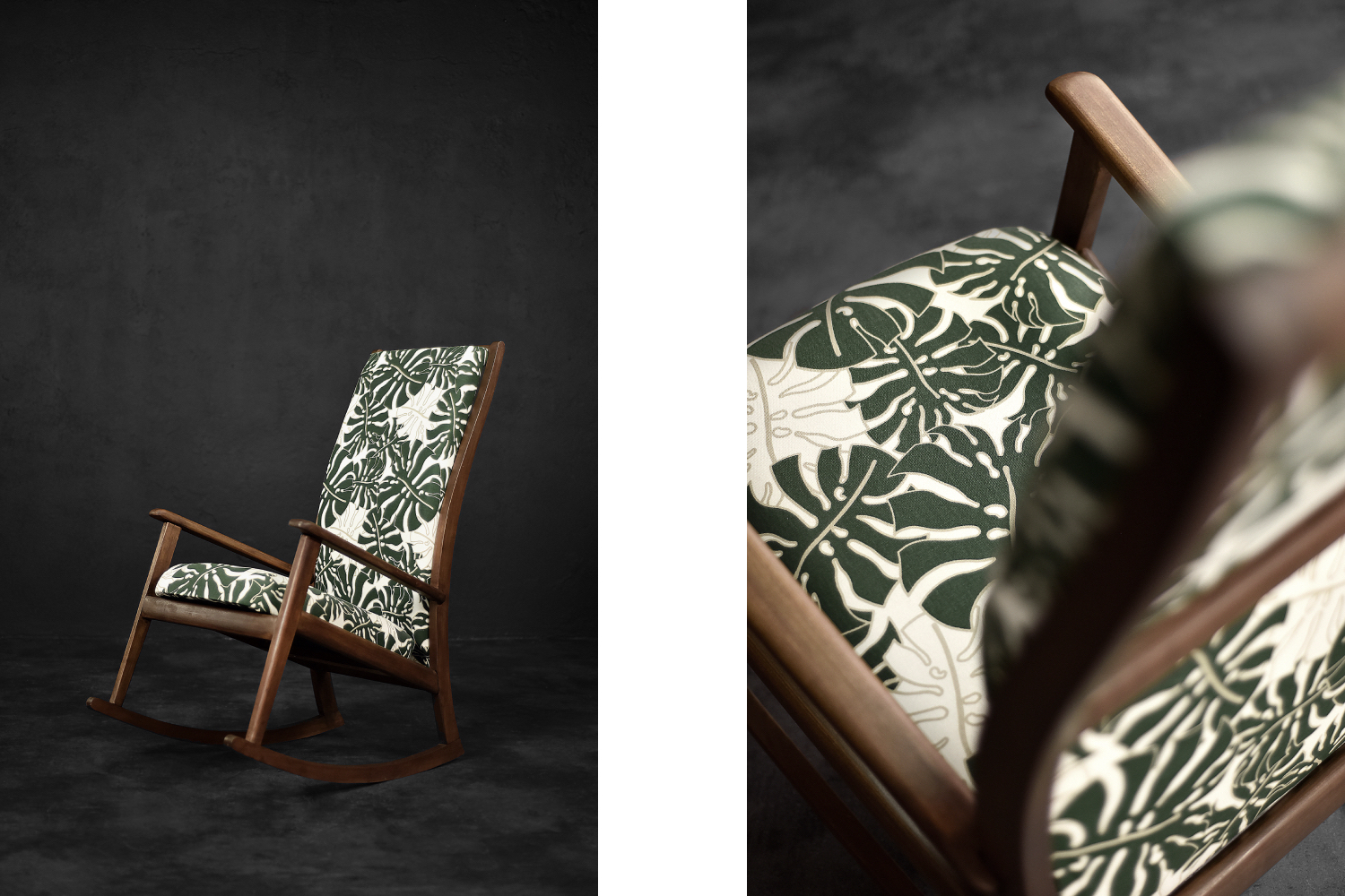 Vintage Mid-Century Danish Modern Rocking Chair in Wood and Monstera Leaf Pattern Fabric, 1960s