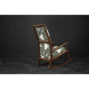 Vintage Mid-Century Danish Modern Rocking Chair in Wood and Monstera Leaf Pattern Fabric, 1960s