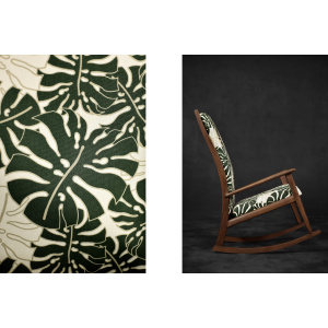 Vintage Mid-Century Danish Modern Rocking Chair in Wood and Monstera Leaf Pattern Fabric, 1960s
