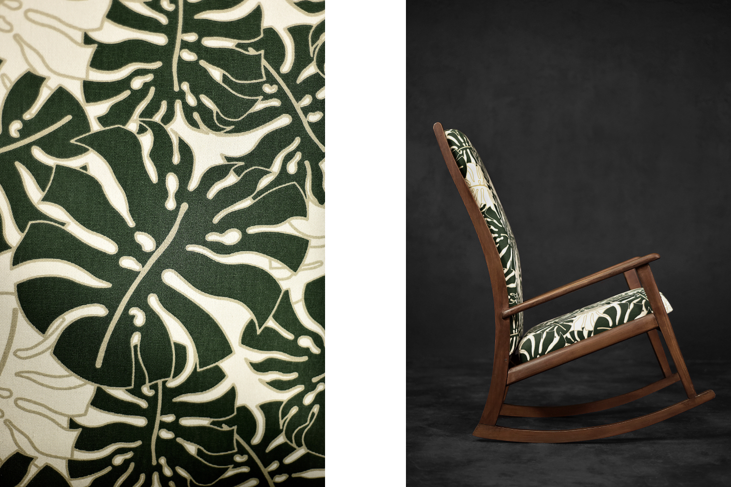 Vintage Mid-Century Danish Modern Rocking Chair in Wood and Monstera Leaf Pattern Fabric, 1960s