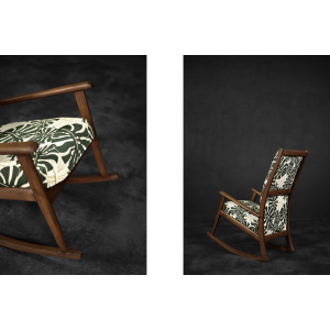 Vintage Mid-Century Danish Modern Rocking Chair in Wood and Monstera Leaf Pattern Fabric, 1960s
