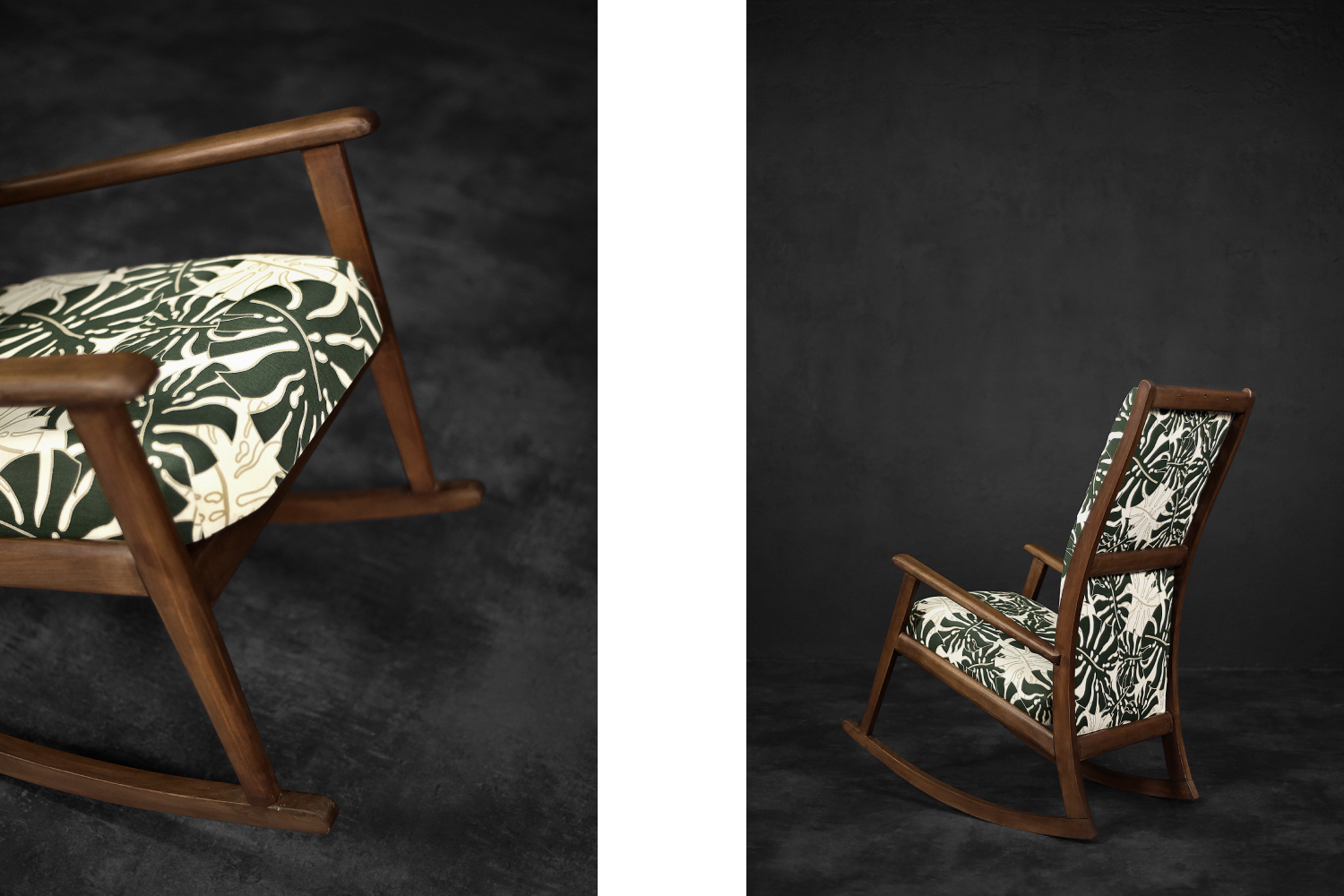 Vintage Mid-Century Danish Modern Rocking Chair in Wood and Monstera Leaf Pattern Fabric, 1960s