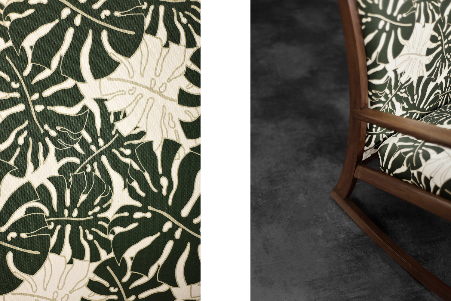 Vintage Mid-Century Danish Modern Rocking Chair in Wood and Monstera Leaf Pattern Fabric, 1960s