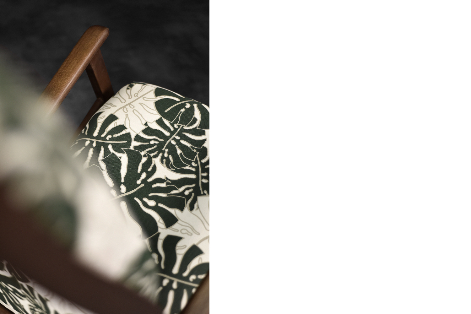 Vintage Mid-Century Danish Modern Rocking Chair in Wood and Monstera Leaf Pattern Fabric, 1960s