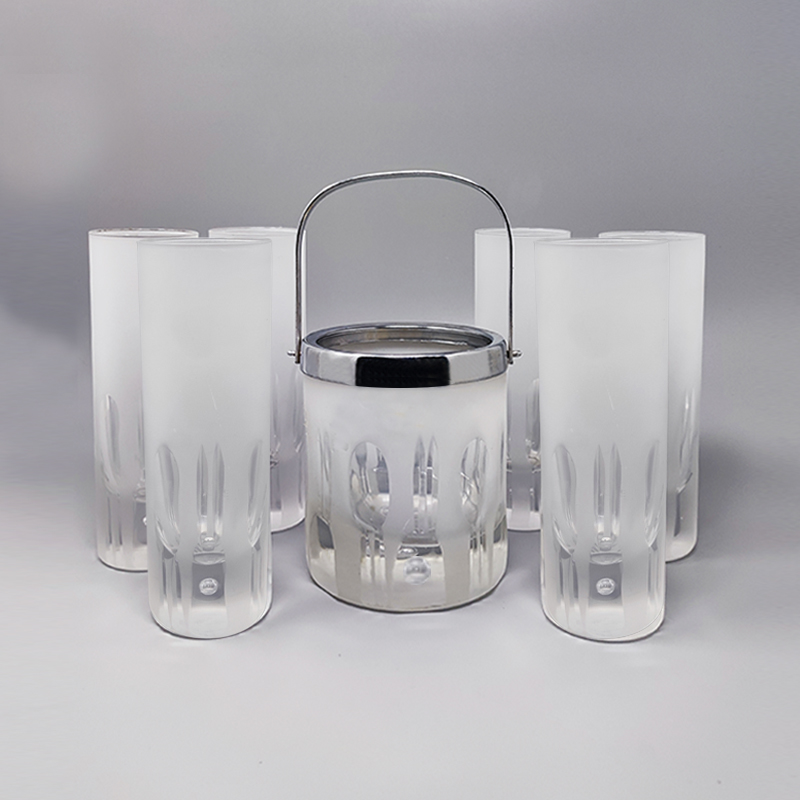 1960 Ice Bucket with 6 Glasses in Hand Cut Lead Crystal by Kristal. Made in Italy