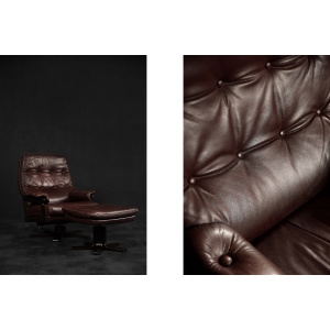Vintage Mid-Century Scandinavian Modern Brown Leather Executive Swivel Chair & Ottoman, 1970s