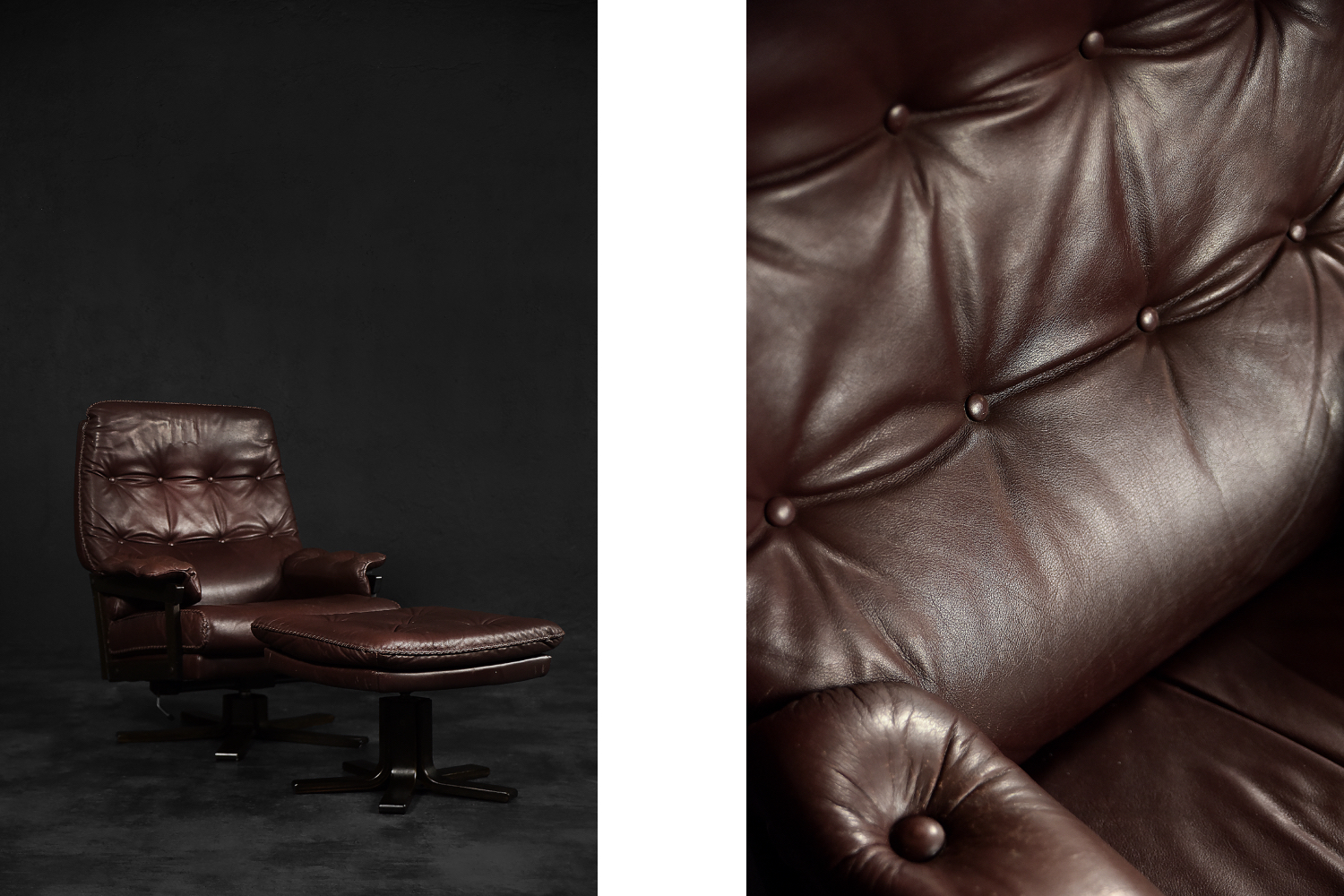 Vintage Mid-Century Scandinavian Modern Brown Leather Executive Swivel Chair & Ottoman, 1970s