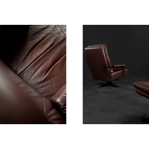 Vintage Mid-Century Scandinavian Modern Brown Leather Executive Swivel Chair & Ottoman, 1970s