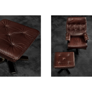 Vintage Mid-Century Scandinavian Modern Brown Leather Executive Swivel Chair & Ottoman, 1970s