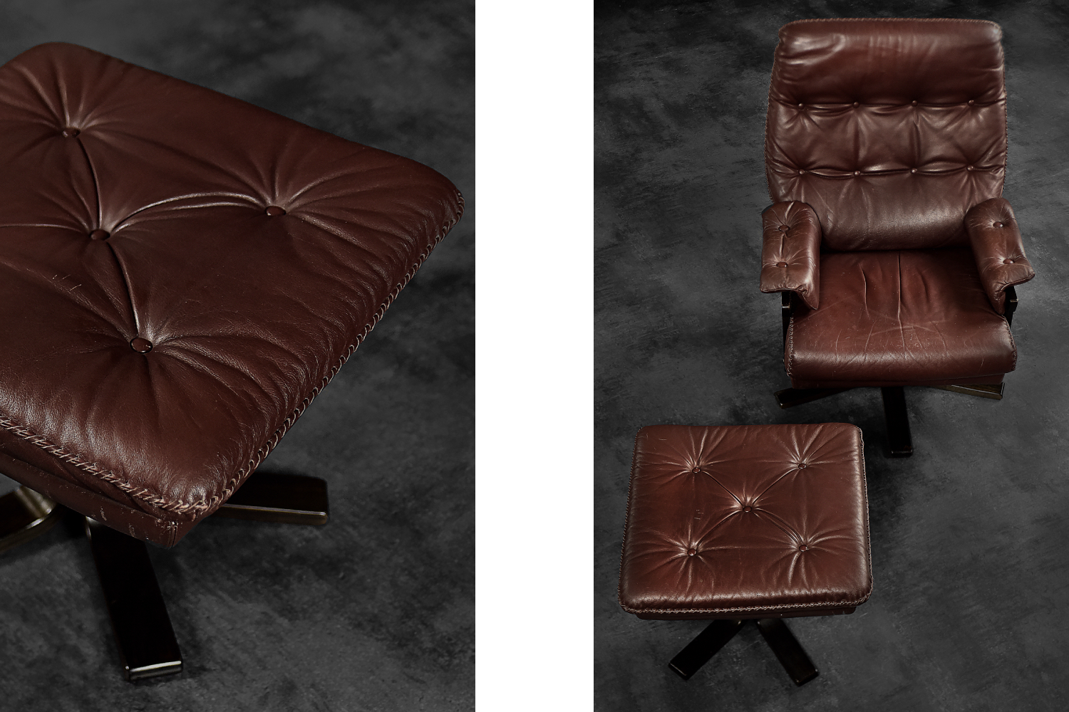 Vintage Mid-Century Scandinavian Modern Brown Leather Executive Swivel Chair & Ottoman, 1970s