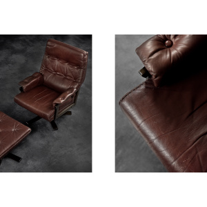 Vintage Mid-Century Scandinavian Modern Brown Leather Executive Swivel Chair & Ottoman, 1970s