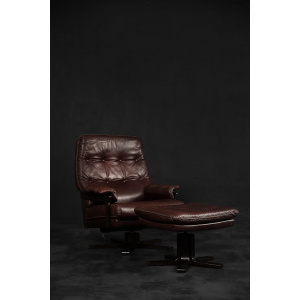 Vintage Mid-Century Scandinavian Modern Brown Leather Executive Swivel Chair & Ottoman, 1970s