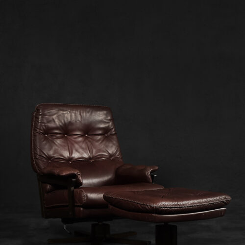 Vintage Mid-Century Scandinavian Modern Brown Leather Executive Swivel Chair & Ottoman, 1970s