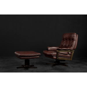 Vintage Mid-Century Scandinavian Modern Brown Leather Executive Swivel Chair & Ottoman, 1970s