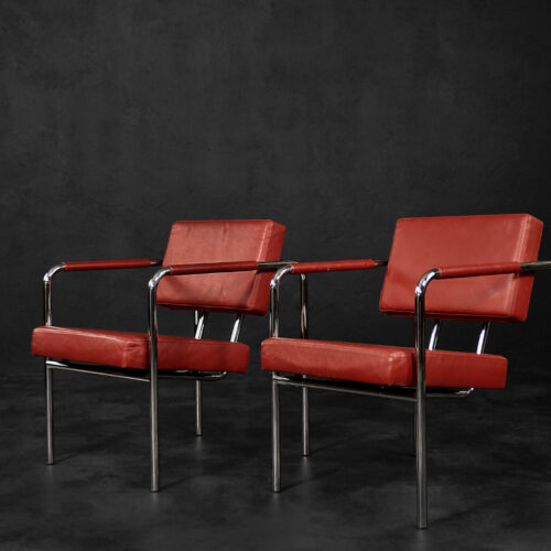 Rare Vintage Scandinavian Bauhaus Chrome & Red Leather Armchairs Model EJ 8 by Torben Skov for Erik Jørgensen Møbelfabrik, 1990