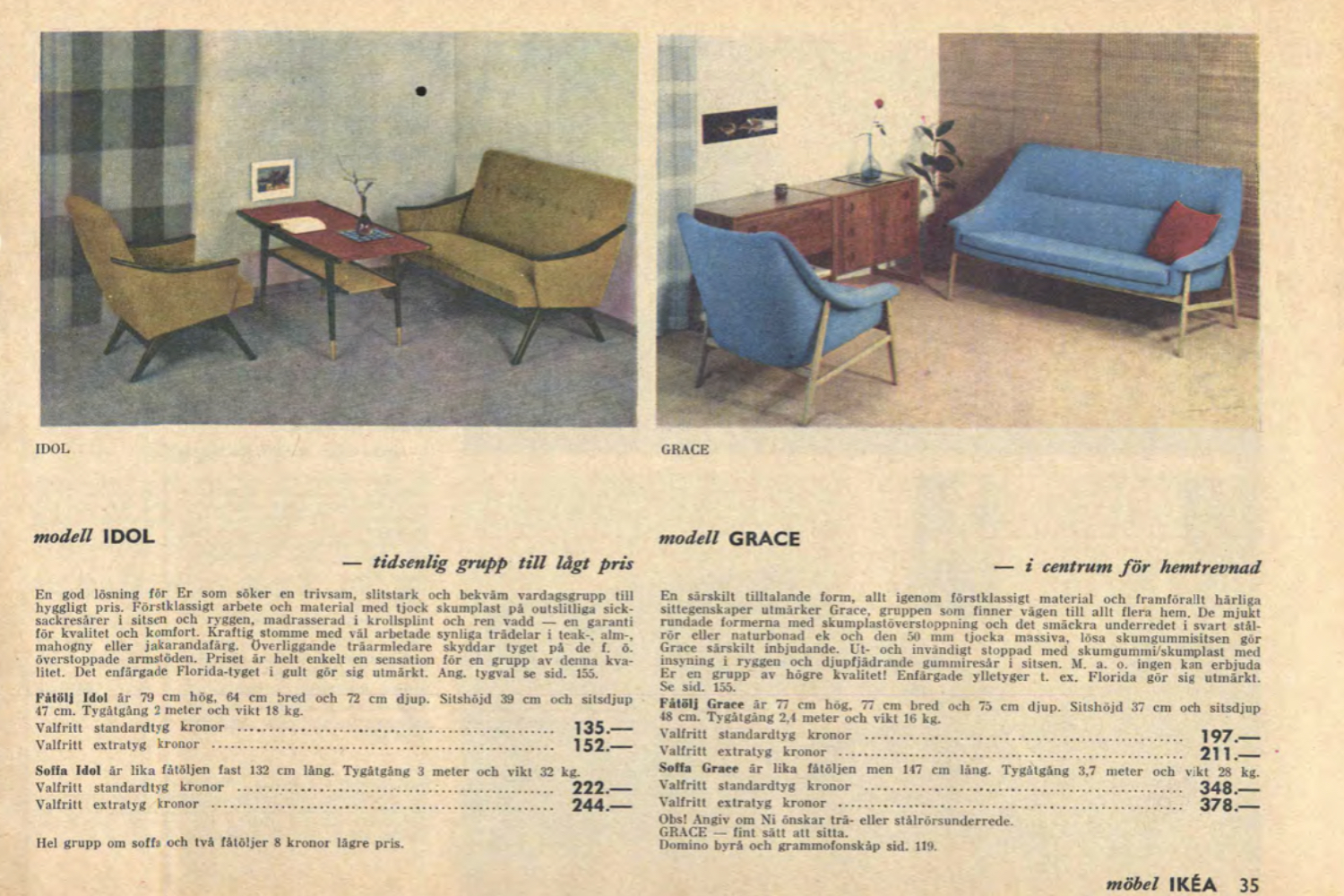 Rare Vintage Mid-Century Scandinavian Modern 2-Seater Brown Fabric Sofa Grace by Ikea, 1961