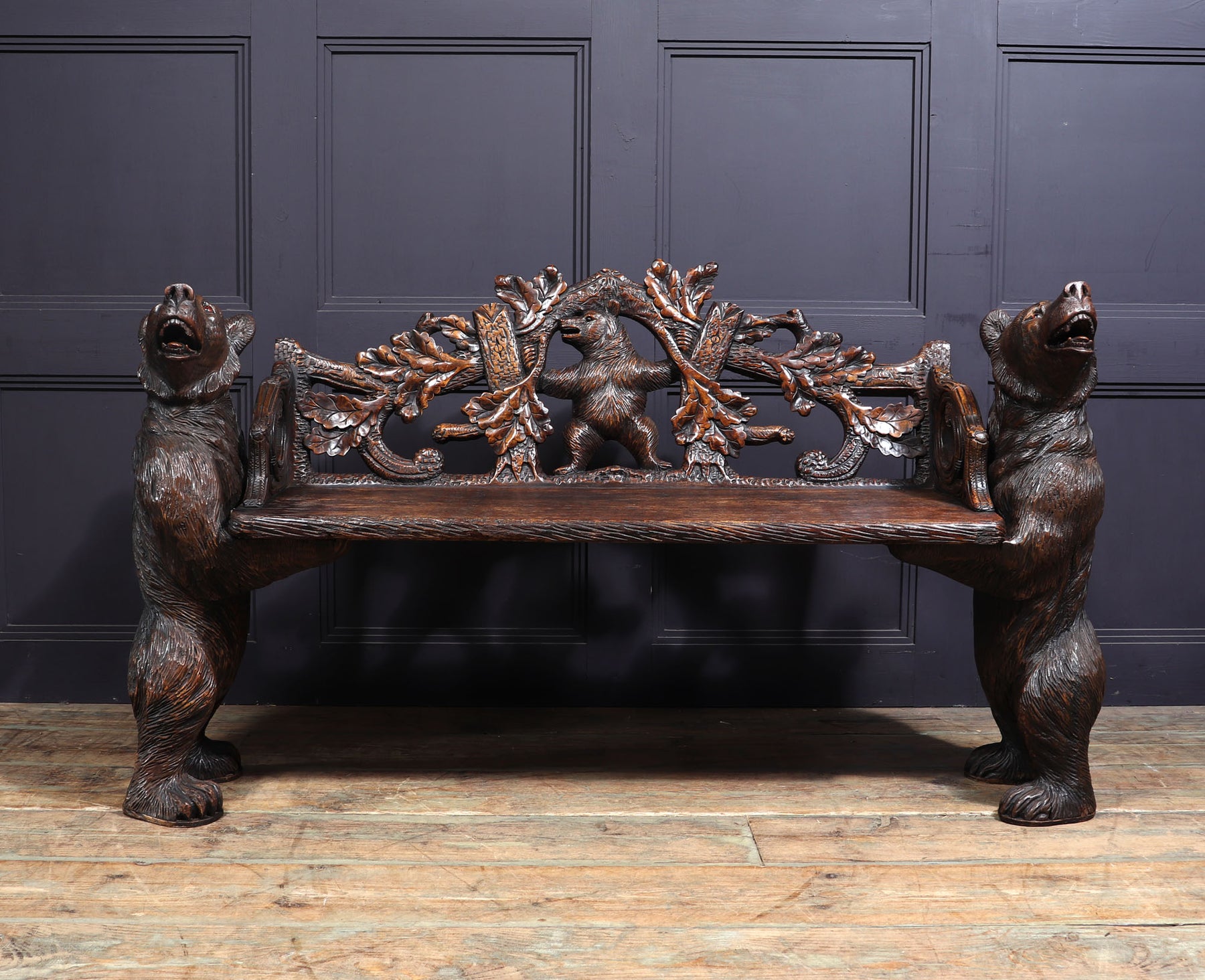 Intricately Carved Black Forest Bear Bench