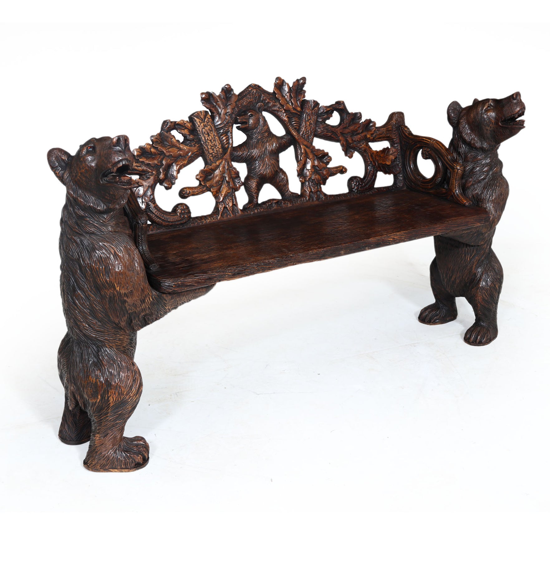 Intricately Carved Black Forest Bear Bench