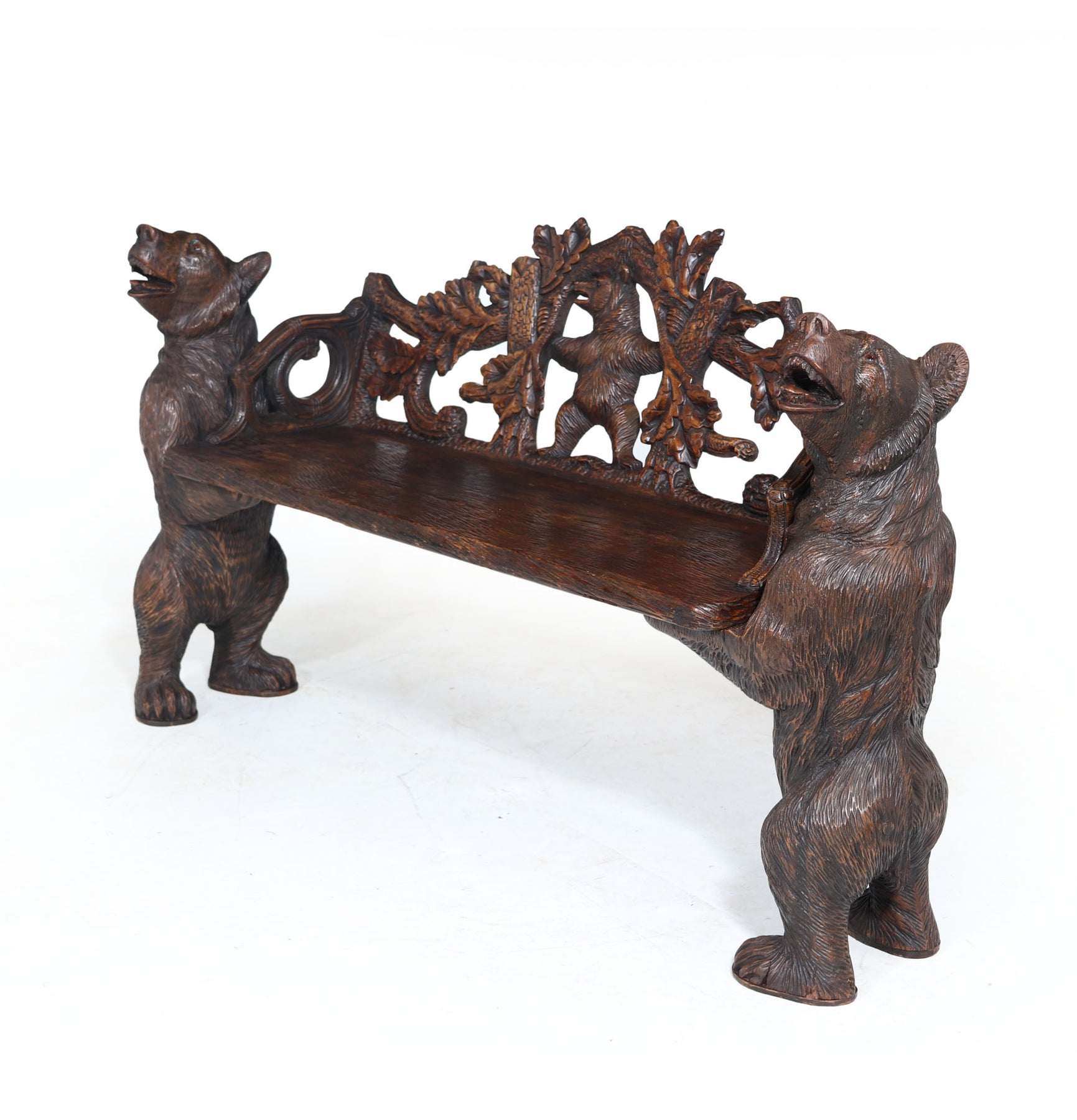 Intricately Carved Black Forest Bear Bench
