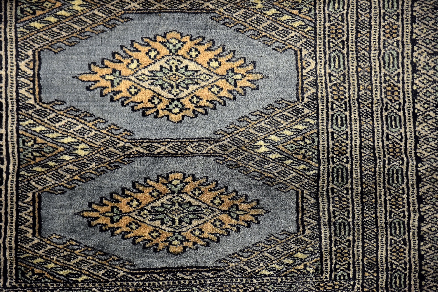Original Pakistani Hand-Woven Blue & Grey Bukhara Rug, 1960s