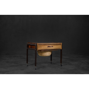 Vintage Mid-Century Danish Modern Rosewood Thread Side Table with Wicker Basket, 1960s