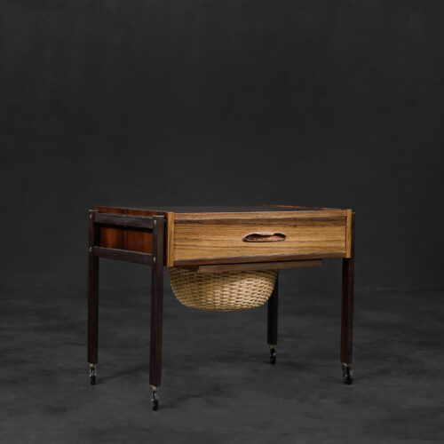 Vintage Mid-Century Danish Modern Rosewood Thread Side Table with Wicker Basket, 1960s