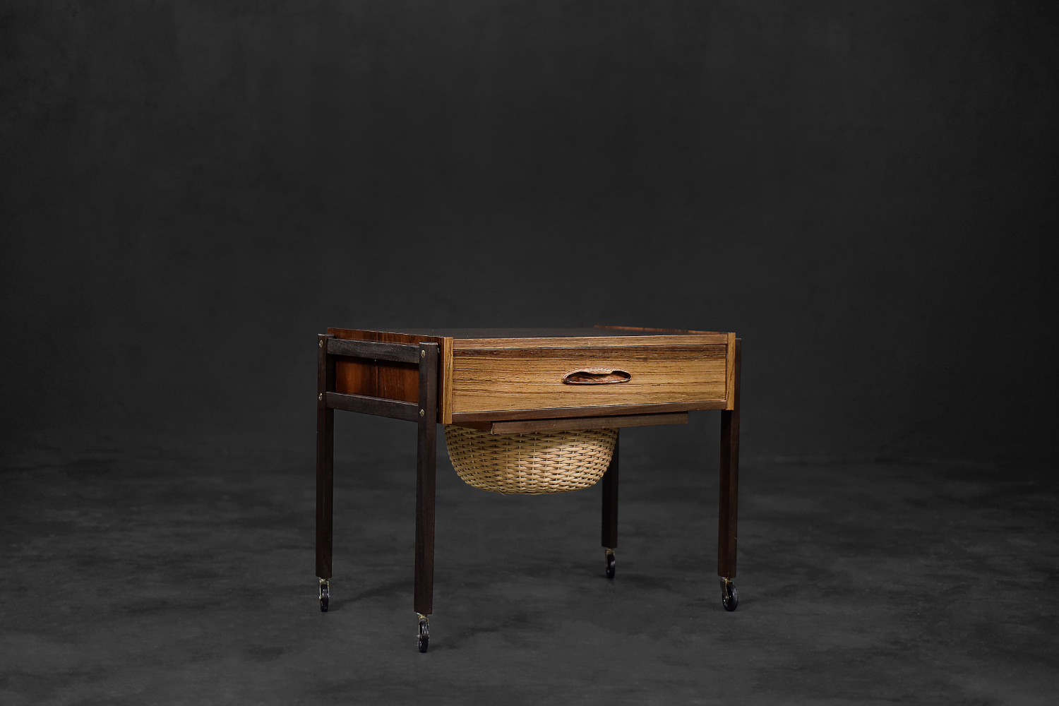 Vintage Mid-Century Danish Modern Rosewood Thread Side Table with Wicker Basket, 1960s