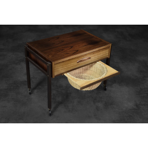 Vintage Mid-Century Danish Modern Rosewood Thread Side Table with Wicker Basket, 1960s