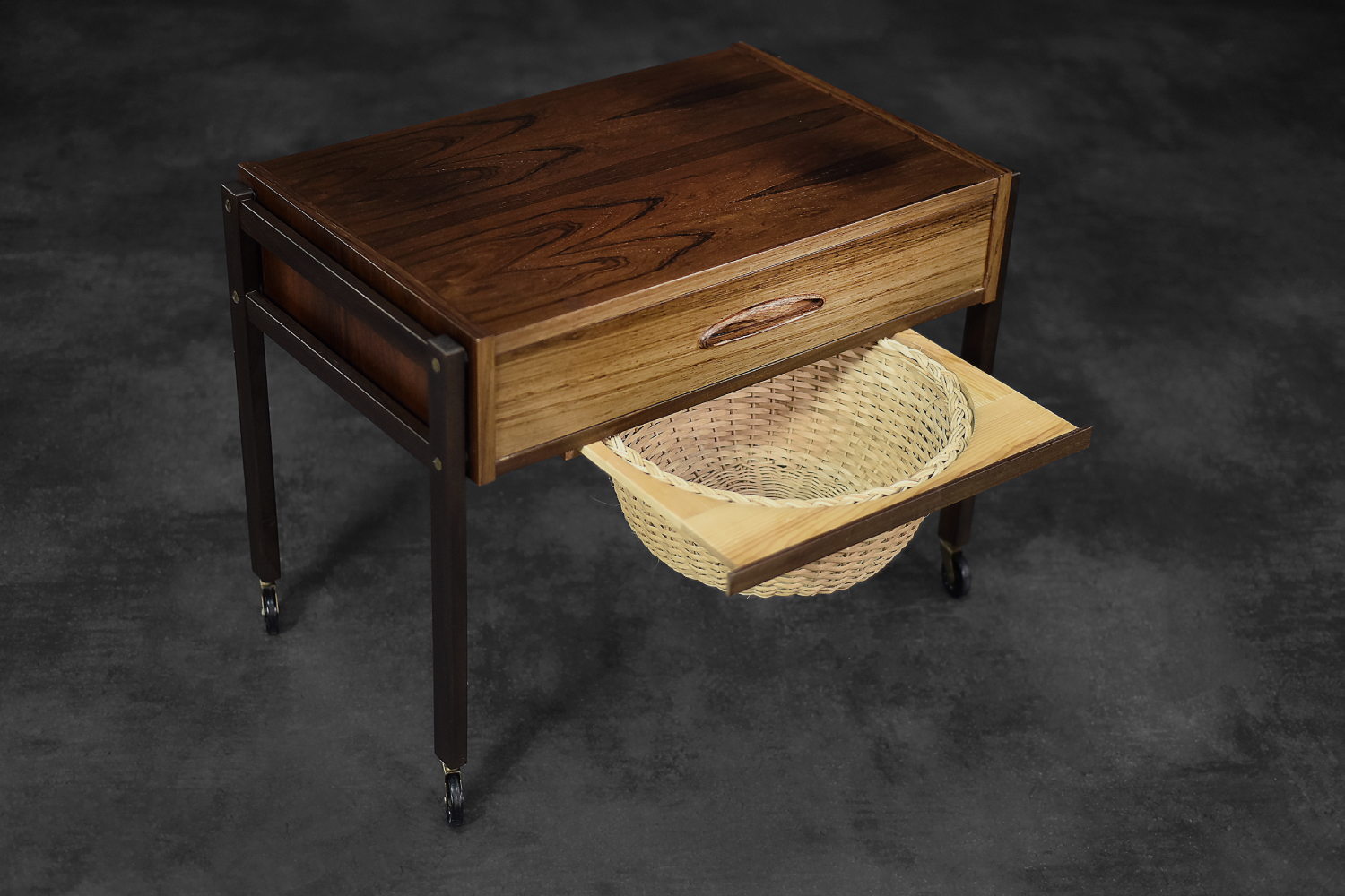 Vintage Mid-Century Danish Modern Rosewood Thread Side Table with Wicker Basket, 1960s