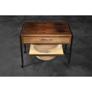 Vintage Mid-Century Danish Modern Rosewood Thread Side Table with Wicker Basket, 1960s