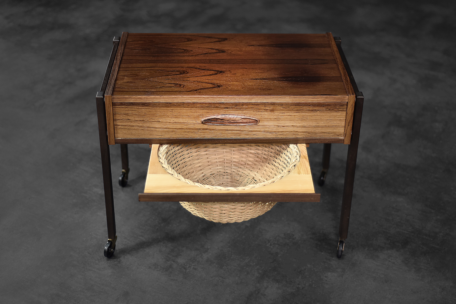 Vintage Mid-Century Danish Modern Rosewood Thread Side Table with Wicker Basket, 1960s