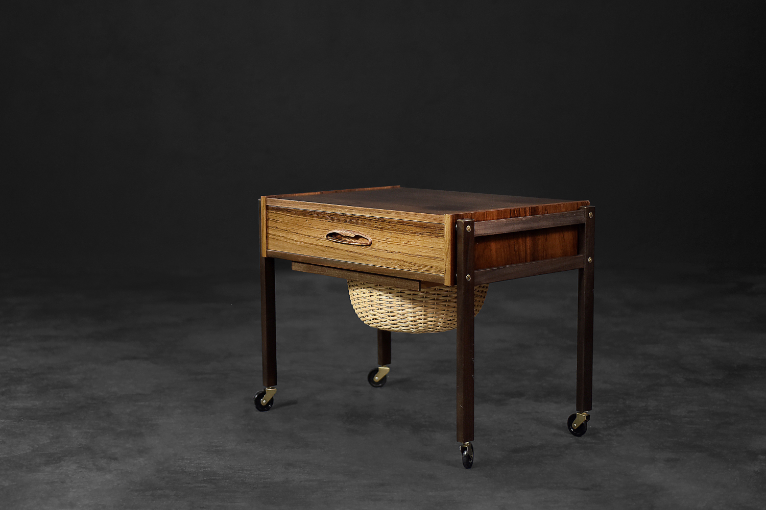Vintage Mid-Century Danish Modern Rosewood Thread Side Table with Wicker Basket, 1960s