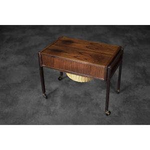 Vintage Mid-Century Danish Modern Rosewood Thread Side Table with Wicker Basket, 1960s