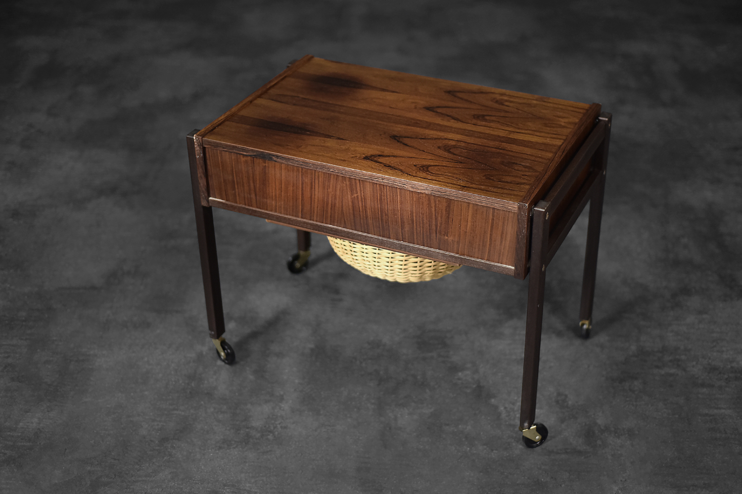 Vintage Mid-Century Danish Modern Rosewood Thread Side Table with Wicker Basket, 1960s