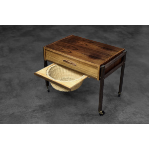 Vintage Mid-Century Danish Modern Rosewood Thread Side Table with Wicker Basket, 1960s