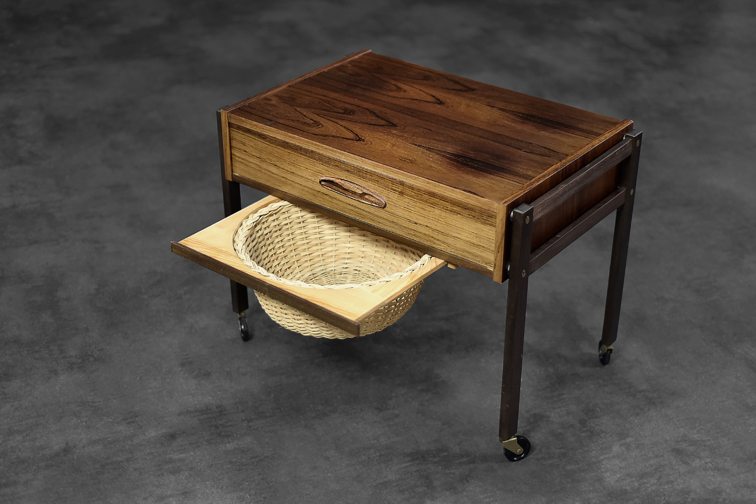 Vintage Mid-Century Danish Modern Rosewood Thread Side Table with Wicker Basket, 1960s