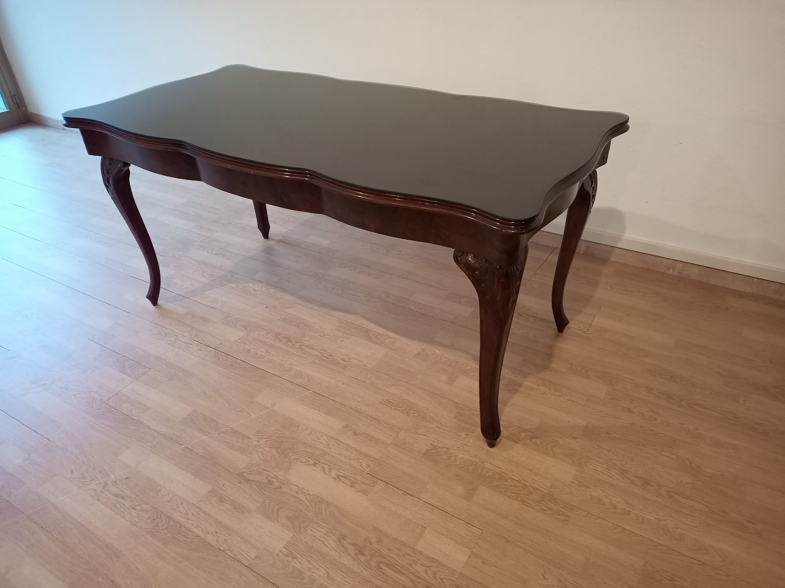 Vintage Chippendale Table in Smoked Tempered Glass with Walnut Top