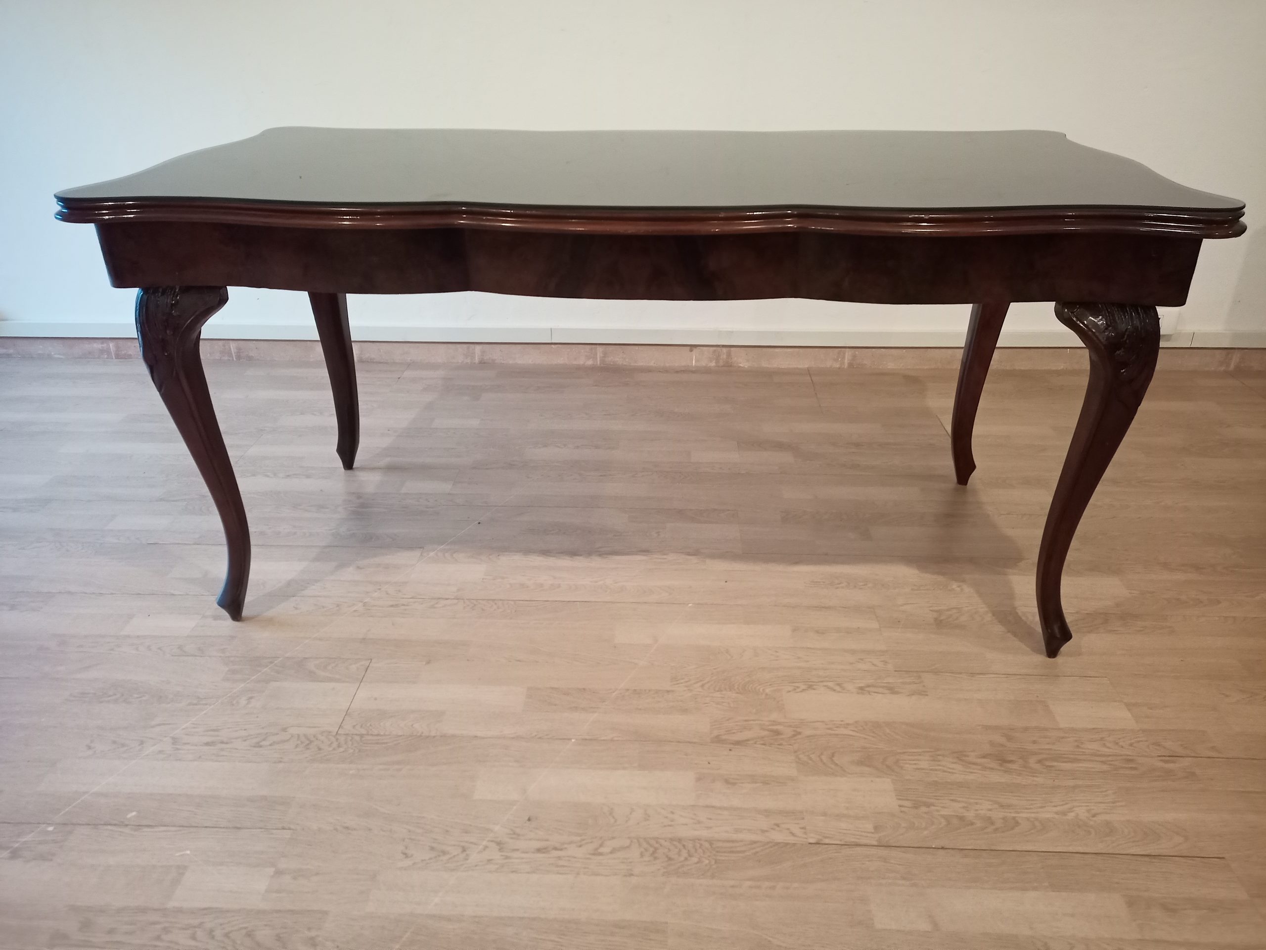 Vintage Chippendale Table in Smoked Tempered Glass with Walnut Top