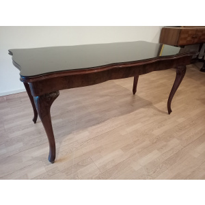 Vintage Chippendale Table in Smoked Tempered Glass with Walnut Top