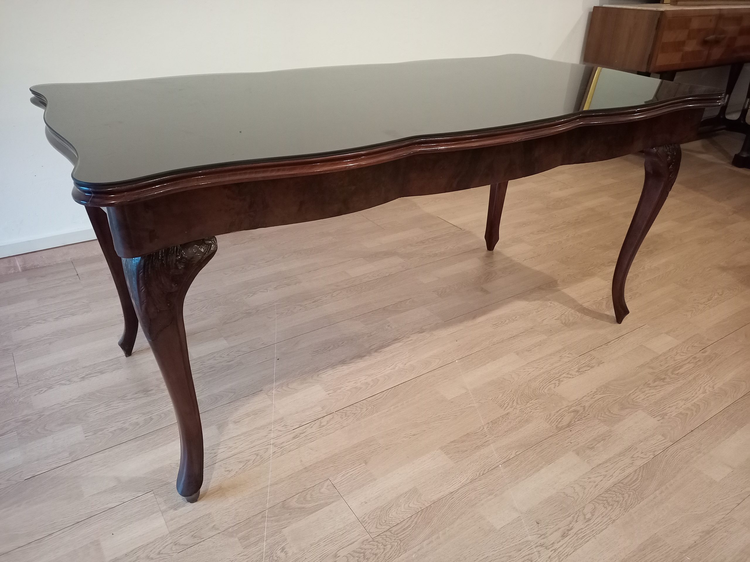Vintage Chippendale Table in Smoked Tempered Glass with Walnut Top